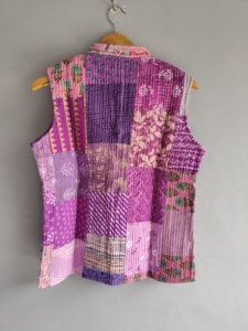 Chaleco de Mujer de Algodón Tejido con Estampado Floral y Parches Bohemios, Cuello Mandarín, Sin Mangas, Acolchado, Transpirable, Ecológico, con Bolsillos - Product Image 6