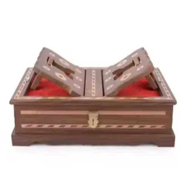 Handmade Wooden Quran Box With Geometric Inlay Folding Book Holder Red Fabric Lined Interior Islamic Prayer Access