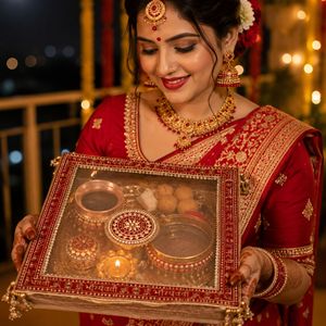 Organza Karwa Chauth Thaalposh con encaje Sada Saubhagyavati y borlas doradas, cubierta decorativa para platos - Product Image 6