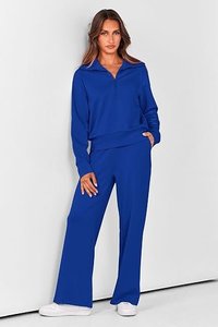 Ensemble de sweat-shirts bleus à col zippé, manches longues, tricotés, couleur unie, coupe ample, décontractés, pour l'automne, unisexe, avec poche et col en V - Product Image 3