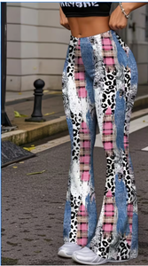 High Waist Flare Pants Women Patchwork Print Full Length <b>Elastic</b> Waist Bohemian Summer Style Skinny Fit Breathable Casual Pants - Product Image 5