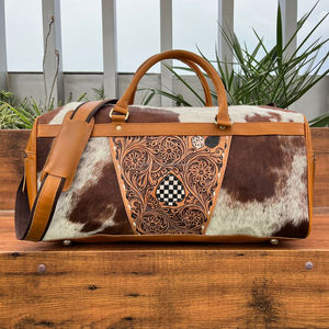 Sacs de sport à carreaux en cuir de vachette véritable usiné avec logo personnalisé fait à la main Sac de voyage de luxe pour la nuit Sac polochon unisexe - Product Image 4