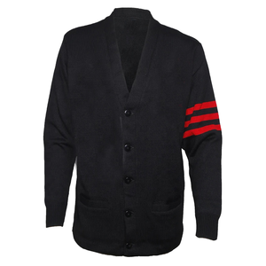 Cárdigan Negro de Punto, Manga Larga, Cuello en V, Cierre de Botones, Estilo Casual para Otoño, 100% Acrílico, Franja Roja en la Manga Izquierda - Product Image 1