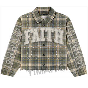 Chemises en flanelle à carreaux pour hommes, style streetwear, coupe courte et ample, manches longues, brodées, en coton, avec strass personnalisés, collection 2026 - Product Image 4