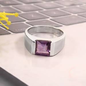 แหวนอเมทิสต์เงินแท้ 925 แหวนหมั้นทรงสี่เหลี่ยมพลอยสีม่วง แหวนตราประทับ อัญมณีประจำเดือนกุมภาพันธ์ ของขวัญเครื่องประดับ - Product Image 4