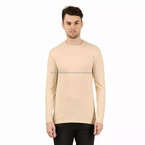 T-shirt à manches longues en coton de couleur crème pour hommes et femmes, unisexe, col rond, haut vierge pour les commandes en gros personnalisées - Product Image 4