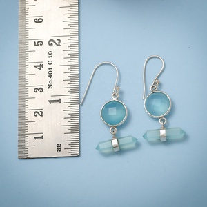 925 Sterling <b>Silver</b> Aqua Chalcedony Gemstone Dangle <b>Earrings</b> with Hexagonal Crystal <b>Drop</b> Handmade <b>Earrings</b> - Product Image 5