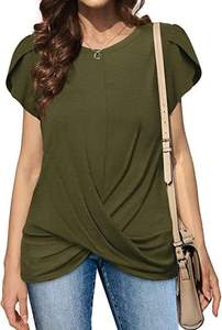 เสื้อยืดแขนสั้นผู้หญิงลำลองพิมพ์ลายโลโก้ปี 2022 ผ้าไม่เป็นขุย แขนทรงกลีบดอกไม้ ชายเสื้อสม็อค ผูกเชือก คอวี ทรงบิดเกลียว - Product Image 3