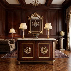 Aparador de Madera Neoclásico Francés Antiguo con Tapa de Mármol, Detalles en Latón Dorado y Ormolu, Mueble de 2 Puertas para Sala de Estar o Comedor - Product Image 4