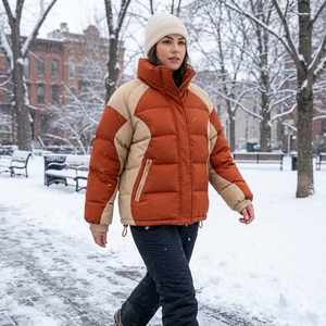 Unisex Orange Beige Color Puffer Jacket Quilted Winter <b>Coat</b> <b>Stand</b> Collar Zip Up Outdoor Streetwear Custom Private Label OEM ODM - Product Image 5