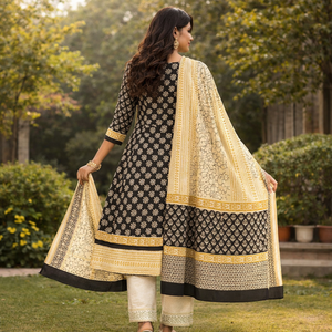 Traje Punjabi Ecológico Beige y Negro con Estampado Floral |   Conjunto de Kurti y Pijama de Algodón Hecho a Mano con Estampado de Bloques y Borde Decorativo |   Maestro de Sarong Indio - Product Image 2