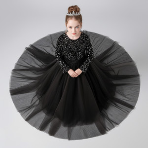 Robe de princesse exclusive en velours noir brodée de sequins sur tulle doux pour filles, robe de soirée pour enfants, vente en gros OEM ODM - Product Image 1
