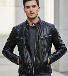 <b>Mens</b> <b>Leather</b> <b>Jacket</b> Black Snake Pattern <b>Leather</b> Biker– Stylish Zip-Up Outerwear - Product Image 1
