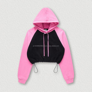 Sudaderas con capucha Fabricante personalizado Algodón Spandex Bloque de color personalizado Manga raglán Crop Top Mujeres Sudaderas con capucha Sudaderas - Product Image 5