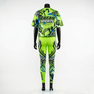 Conjunto Deportivo de Camiseta y Leggings de Poliéster y Spandex, Paneles Gráficos Verde Neón, Tela Transpirable, Logotipo Sublimado, Conjuntos para Mujer - Product Image 5