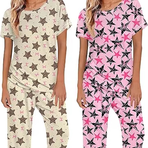 2 Pack Womens Pajamas Sets Short Sleeve Tops and Capri Pants <b>Pjs</b> Colorful Printed Sleepwear Sets - Product Image 1
