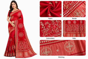 CHOHAN TEXTILE <b>Red</b> Moonga Silk <b>Saree</b>-Vintage Style Floor-Length Bridal Party Wear Hand Embroidery Zari Border Wrinkle-Free - Product Image 5