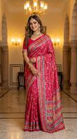 Sari en soie Chinnon avec imprimé Ajarakh, travail de miroir véritable sur tout le sari, bordure et pallu avec passepoil, ainsi que latkan Kodi.