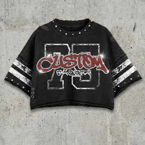 Camiseta Gráfica de Alta Calidad, Estilo Vintage, Lavado Ácido, 280 g/m², para Hombre, con Pedrería, Corte Recto - Product Image 1