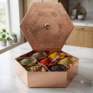 Caja de Masala de Latón Hecha a Mano con 7 Recipientes para Especias, Organizador de Especias Indio Grabado, Masala Dabba para Cocina, Venta al Por Mayor OEM - Product Image 3