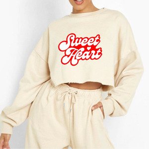 Sudadera Corta Color Crema para Mujer con Estampado de Corazón, Manga Larga, Cuello Redondo, Corte Holgado, Estilo Casual para Primavera - Product Image 5