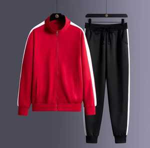 <b>Men</b> Track <b>Jacket</b> With <b>White</b> Stripes Full Sleeve Zipper Stand Collar Sporty Autumn Wear Black Pants Set Solid Color Breathable - Product Image 1