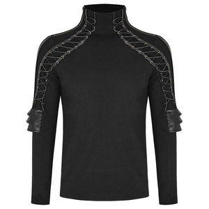 Custom <b>Men's</b> Gothic Long Sleeve Shirt Dark Red Slim Fit Cotton Stretch Top with Faux Leather Straps and Metal Buttons - Product Image 1