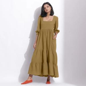 Women <b>Boho</b> Cotton Linen Plain Maxi <b>Dress</b> Square Neck 3/4 Sleeve Loose Fit Casual <b>Summer</b> Long <b>Dress</b> - Product Image 2