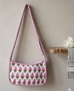 Assorted Premium Block Printed Floral Print Women Hand Bag <b>Quilted</b> Cotton Zipper Closure Pillow Shape Wholesale Gifting Purpose - Product Image 6