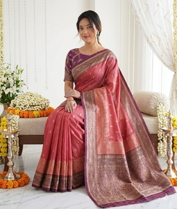 Sari Tradicional de Seda para Mujer, Color Rojo con Borde Dorado, para Bodas, Largo hasta el Suelo, Sin Arrugas, Estilo India/Pakistán, Protección Solar - Product Image 2