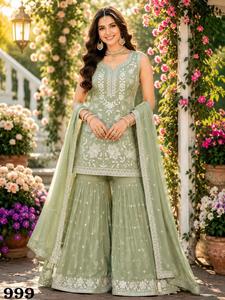 <b>Women</b>’s Premium Chiffon Sharara <b>Suit</b> Set with Heavy Embroidery and Sequin Work, Designer <b>3</b>-<b>Piece</b> Ethnic Wear with Dupatta - Product Image 5