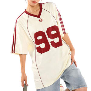 Maillot de football américain tendance 2026 en mélange de coton premium, bleu marine, pour femme, coupe oversize, col en V, avec bandes contrastantes, services OEM - Product Image 6