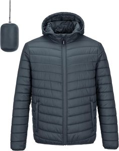 Veste matelassée à capuche pour homme, gris foncé, coupe-vent, rembourrage en polyester, décontractée, fermeture éclair, coupe classique - Product Image 1