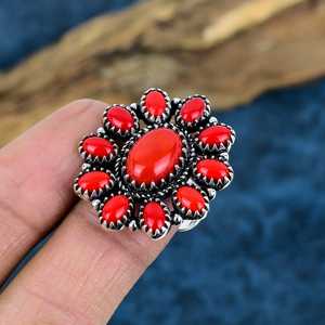 Wholesale Handmade 925 Sterling Silver Red Coral Cluster <b>Ring</b> Opaque Gemstone Flower <b>Statement</b> <b>Rings</b> For Women Bulk Jewelry - Product Image 1