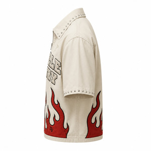 Custom <b>Flame</b> Applique Y2K Varsity <b>Shirt</b> Oversized Boxy Button-Up Studded Collar Puff Embroidery Zipper Placket Streetwear Men - Product Image 5