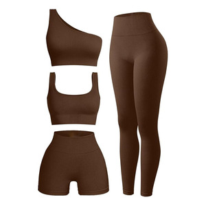 Women's Breathable Ribbed Yoga Set with Seamless High Waist <b>Leggings</b> and Shorts Spandex Material Active Wear - Product Image 5