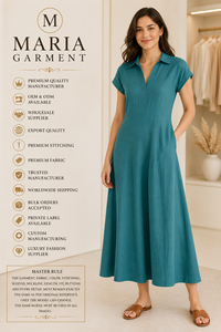 Robe chemise en lin pour femme, décontractée, col en V, mi-longue, manches courtes, coupe trapèze, robe d'été élégante pour le travail et le bureau, avec poches - Product Image 5