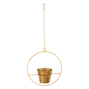 Porte-plante suspendu en métal doré avec cadre circulaire et finition laiton, pot de fleurs moderne décoratif, support de plante suspendu - Product Image 2
