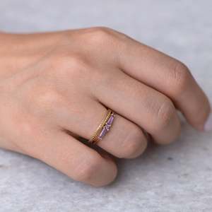 14k solid Gold Plated Amethyst Tapered Baguette Ring Prong Setting Minimalist Women's Gemstone Engagement Ring - Product Image 4