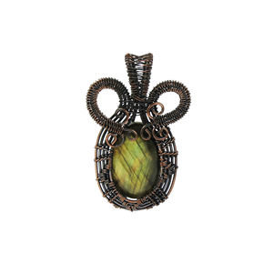Pendentif ovale en labradorite enroulé sur fil, plaqué or 18 carats, en cuivre, vente en gros |   Collier en chaîne de corde bohème fait main pour femmes, 58 mm - Product Image 1
