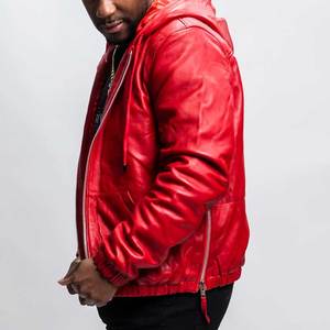 Chaqueta Bomber con Capucha de Cuero Sintético Rojo para Hombre, Cierre de Cremallera, Color Sólido Informal, Corte Regular, Ropa de Otoño - Product Image 3