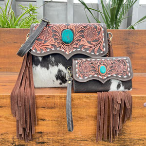 2025 Hot Sale 2 Piece bag Set Vintage Design Hand Tooled Cowhide Leather <b>Handbag</b> & Hand Tooled Cowhide Leather Clutch for Women - Product Image 4