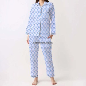 Pijama de algodón con estampado de bloque de mano, traje de noche Kurti primavera/verano Floral/personaje/letra/patrón/vacaciones/patrón de árbol de coco - Product Image 3
