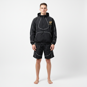 Unisex Tracksuit Set Hooded Windbreaker <b>Jacket</b> Shorts Black Polyester Sporty Autumn Casual Wear Full Length Zipper Front Logo - Product Image 2