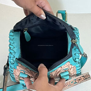 Top Selling Handcrafted <b>Tooled</b> <b>Leather</b> Floral Duffel Bags New Genuine <b>Leather</b> Crossbody Handbags With Zipper Closure for Travel - Product Image 6