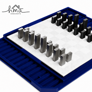 Luxury Brass Chess Set With Silver And <b>Black</b> Cylindrical Hollow Pieces On Metallic Folding Square <b>Board</b> Modern Game - Product Image 5