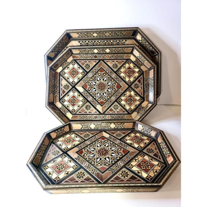 Plateau de service octogonal marocain fait main en bois avec incrustations de nacre, design géométrique, plateau décoratif à vendre - Product Image 2