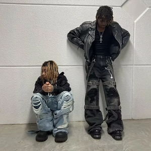 2026 HaiYao High Quality Custom <b>Jeans</b> Ripped Distressed Rivet Wide Leg Streetwear Hiphop Y2K OEM ODM Cotton Men's Denim <b>Jeans</b> - Product Image 6