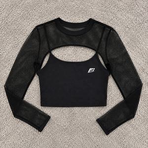 Women's Sheer <b>Mesh</b> <b>Crop</b> <b>Top</b> Long Sleeve Cutout Slim Fit Stretch Casual Fashion Soft Fabric Custom Logo Shirt women's shirt - Product Image 5