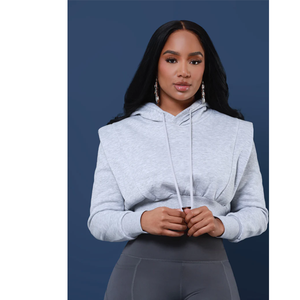 Sweat-shirt à capuche court gris pour femme, à épaules tombantes, manches longues, couleur unie, tricoté, respirant, vêtement de sport, collection automne - Product Image 6